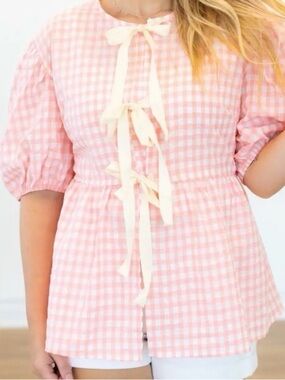 Girls' Pink Gingham Tie-Front Blouse with Cream Bows